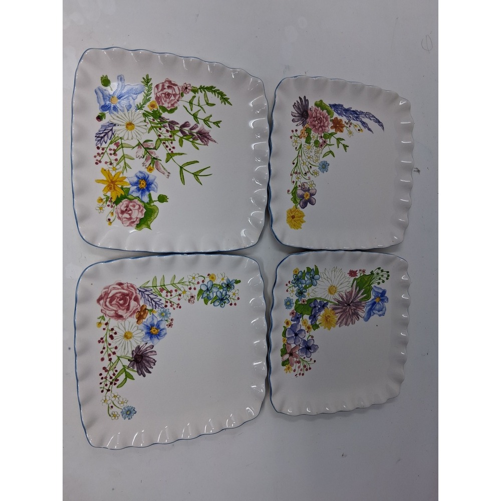 Lenox Flight of Spring 4 Piece Dessert Plate Set Floral Butterfly Scalloped Edge